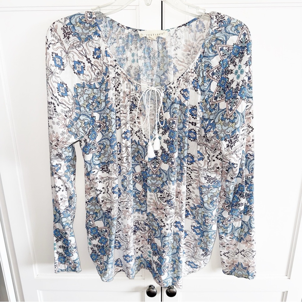 Lovestitch Boho Popover Peasant Blouse Blue/Pink Cottagecore Bohemian Sz Medium - Picture 2 of 10